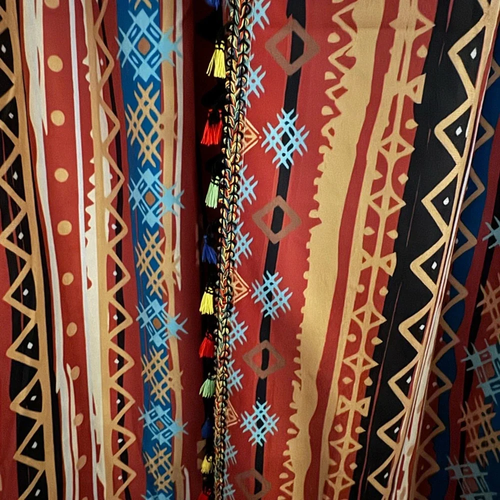 Striped Boho Window Curtains in Rust, Cream & Blue (5 panels)